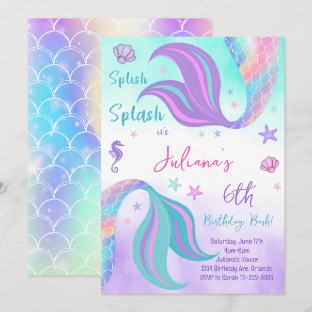 Teal Purple Mermaid Tails Birthday Invitation (Front/Back)