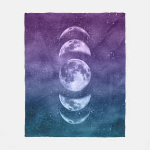 Teal Purple Moon Phases Celestial Pattern Fleece Blanket