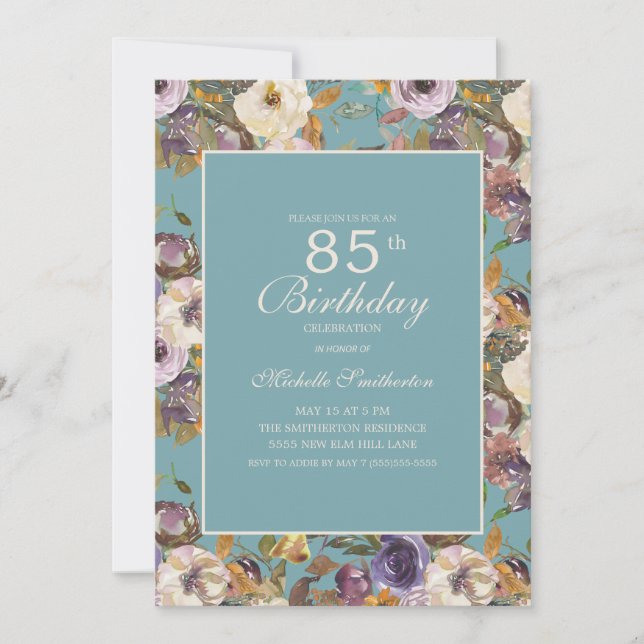 Teal Purple Mustard Ivory Floral 85th Birthday Invitation (Front)