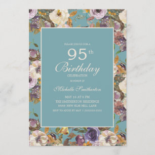 Teal Purple Mustard Ivory Floral 95th Birthday Invitation
