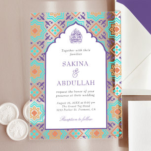 Teal Purple Persian Mosaic Muslim Wedding Acrylic Invitations
