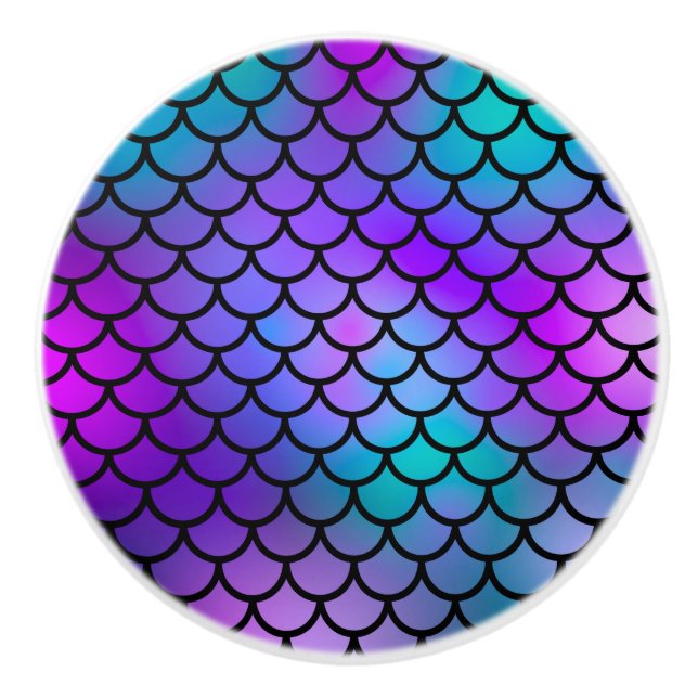 Teal Purple Pink Blue Mermaid Scales Fantasy Fish Ceramic Knob (Front)