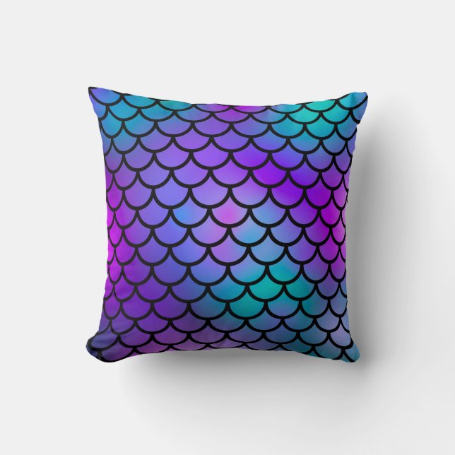 Teal Purple Pink Blue Mermaid Scales Fantasy Fish Cushion (Front)