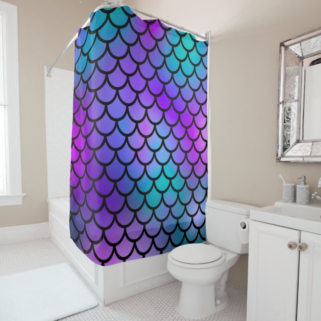 Teal Purple Pink Blue Mermaid Scales Fantasy Fish Shower Curtain (In Situ)