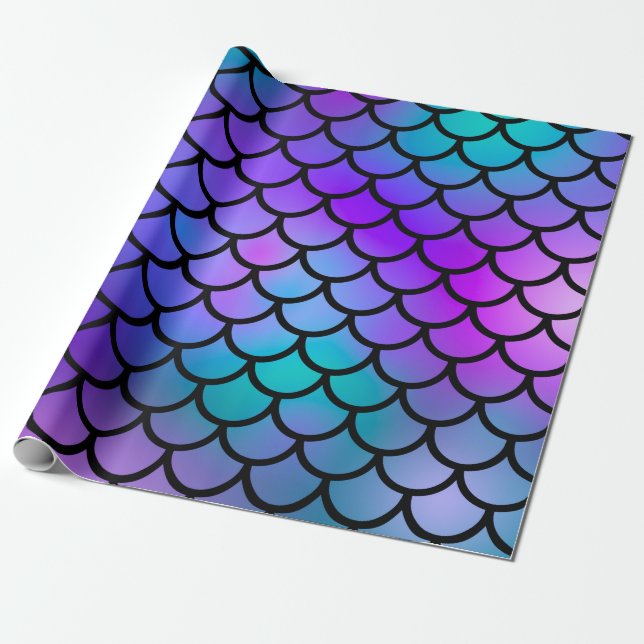 Teal Purple Pink Blue Mermaid Scales Fantasy Fish Wrapping Paper (Unrolled)