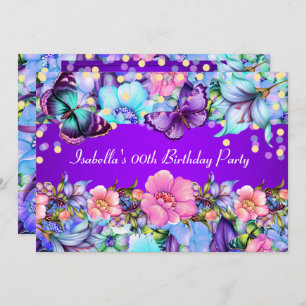 Teal Purple Pink Butterfly Birthday Party Invite