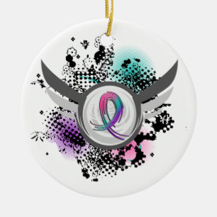 Teal Purple Pink Ribbon And Wings Thyroid Cancer Ceramic Tree Decoration