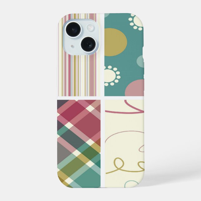 Teal Purple Plaid Check Dots Scribbles Pattern iPhone 15 Case (Back)