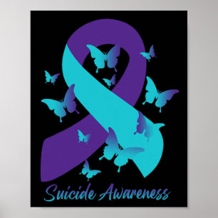 Teal Purple Ribbon Butterflies Suicide Prevention  Poster