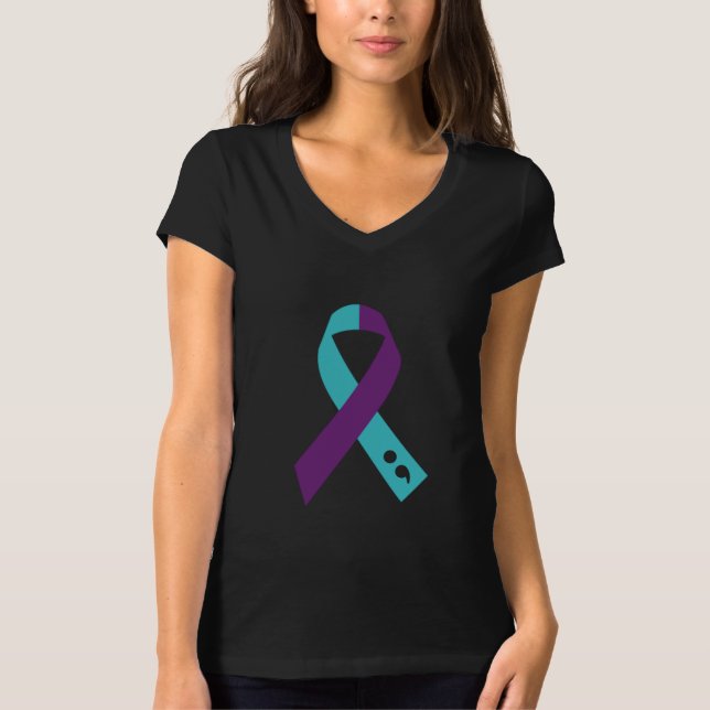 Teal Purple Ribbon Semicolon Suicide Prevention T-Shirt (Front)