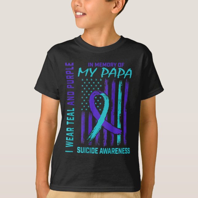 Teal Purple Ribbon Suicide Awareness Flag Papa Bac T-Shirt (Front)