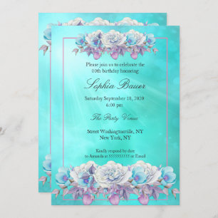 Teal Purple Roses Floral Birthday Party Invitation