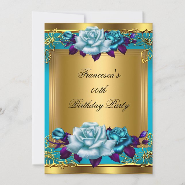 Teal Purple Roses Gold Elegant Birthday  Party Invitation (Front)