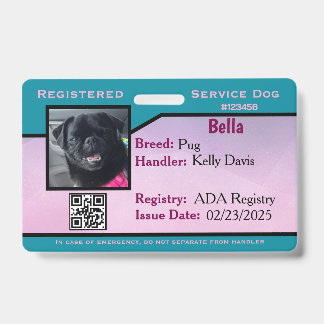 Teal/Purple service dog ID card Badge