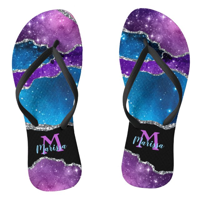 Teal Purple Silver Black Marbled Agate and Glitter Flip Flops (Footbed)