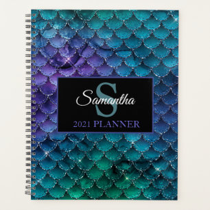 Teal Purple Sparkle Mermaid Scales Monogram Luxury Planner