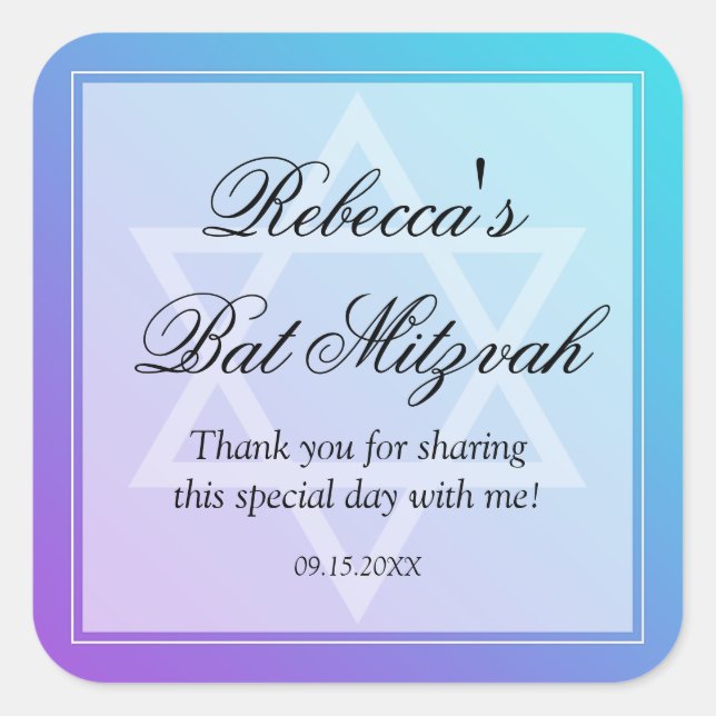 Teal Purple Star of David Bat Mitzvah Favour Square Sticker (Front)