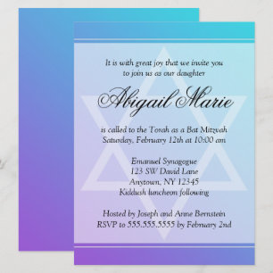 Teal Purple Star of David Bat Mitzvah Invitation