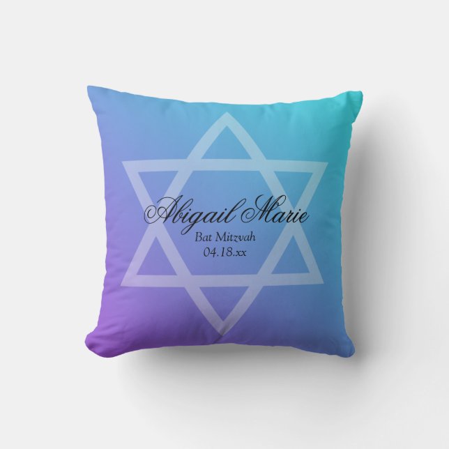 Teal Purple Star of David Bat Mitzvah Personalised Cushion (Front)