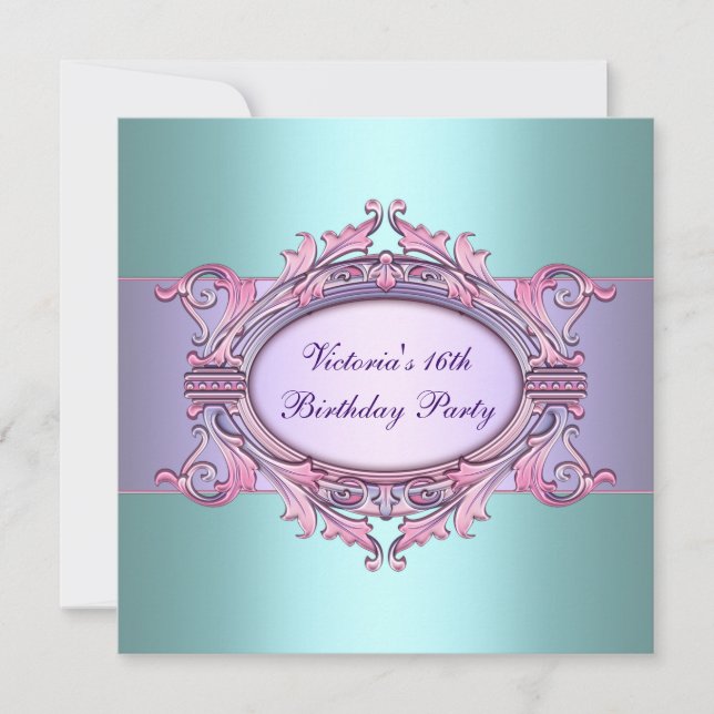 Teal Purple Sweet Sixteen Birthday Party Invitation (Front)
