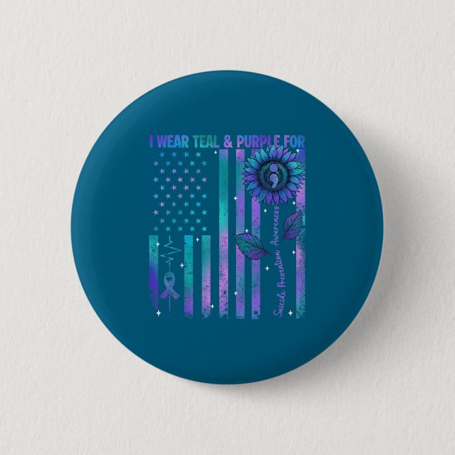Teal Purple Us Usa Flag Suicide Prevention Awarene 6 Cm Round Badge (Front)