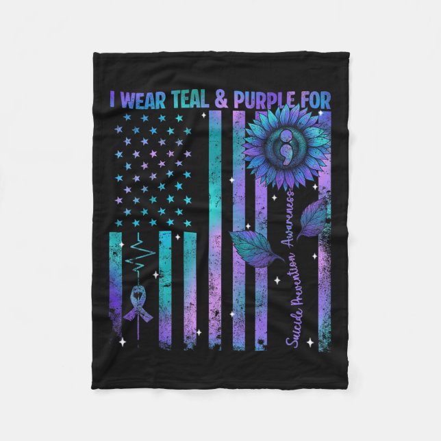 Teal Purple Us Usa Flag Suicide Prevention Awarene Fleece Blanket (Front)