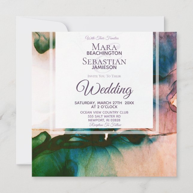 ~ Teal Purple Watercolor Elegant AR17 Wedding Invitation (Front)