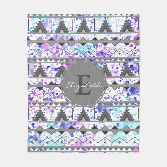 Teal & Purple Watercolor Grey Aztec Pattern Custom Fleece Blanket (Front)