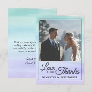 Teal Purple Watercolor Wash Simple Wedding Photo Thank You Card
