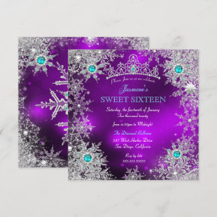 Teal Purple Winter Wonderland Sweet 16 Snowflake Invitation
