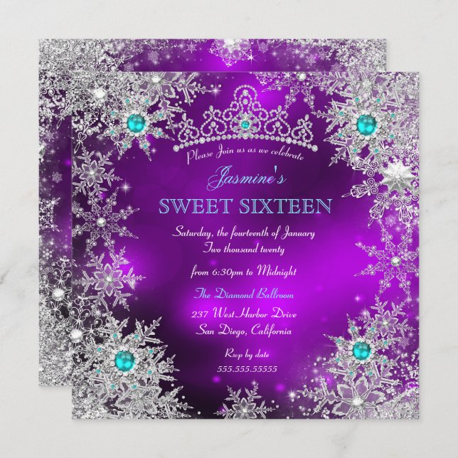 Teal Purple Winter Wonderland Sweet 16 Snowflake Invitation (Front/Back)