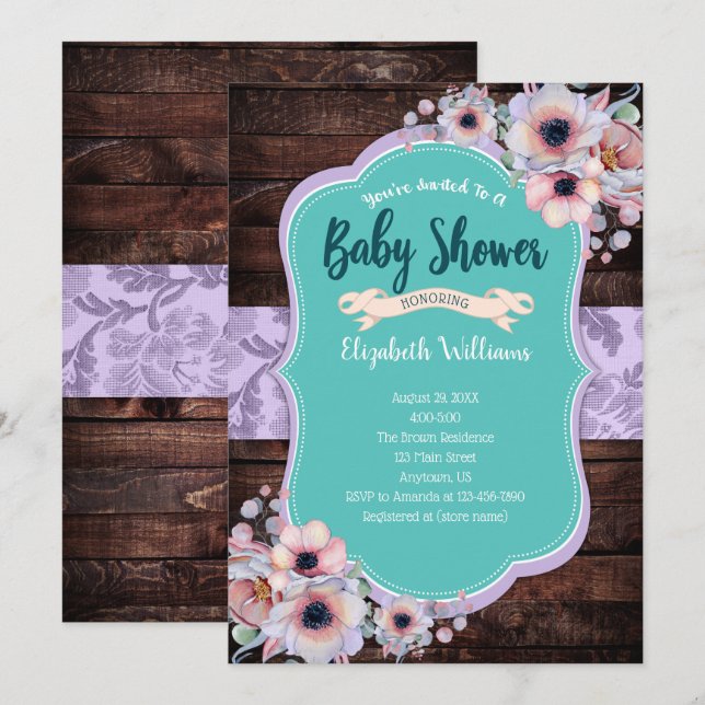 Teal Purple Wood Watercolor Flowers Baby Shower Invitation (Front/Back)