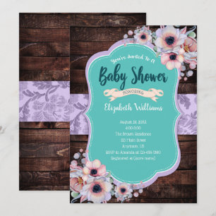 Teal Purple Wood Watercolor Flowers Baby Shower Invitation