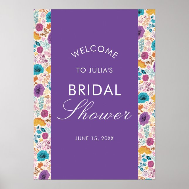 Teal Purple Yellow Spring Meadow Bridal Shower Poster (Front)