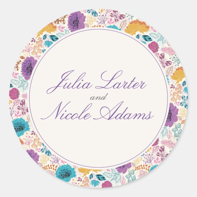 Teal Purple Yellow Spring Meadow Flowers Wedding Classic Round Sticker (Front)