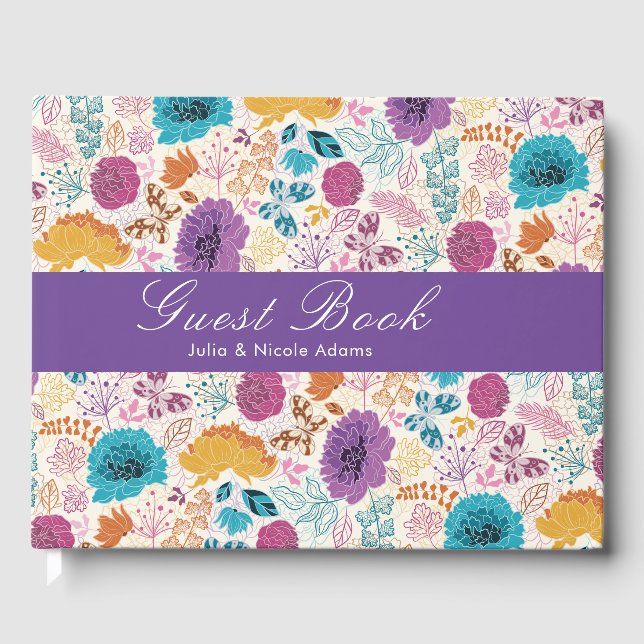 Teal Purple Yellow Spring Meadow Flowers Wedding Guest Book (Front)