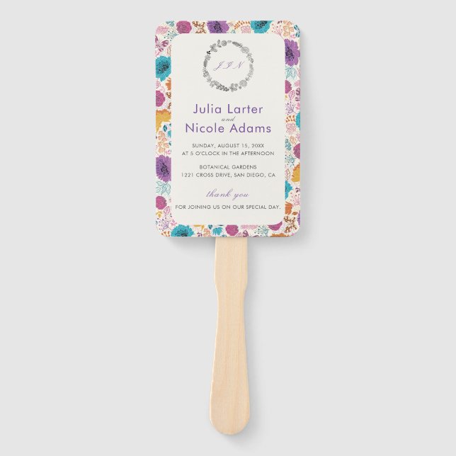 Teal Purple Yellow Spring Meadow Flowers Wedding Hand Fan (Front)