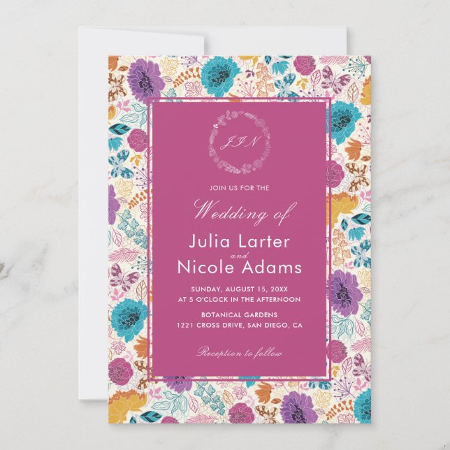 Teal Purple Yellow Spring Meadow Flowers Wedding I Invitation (Front)