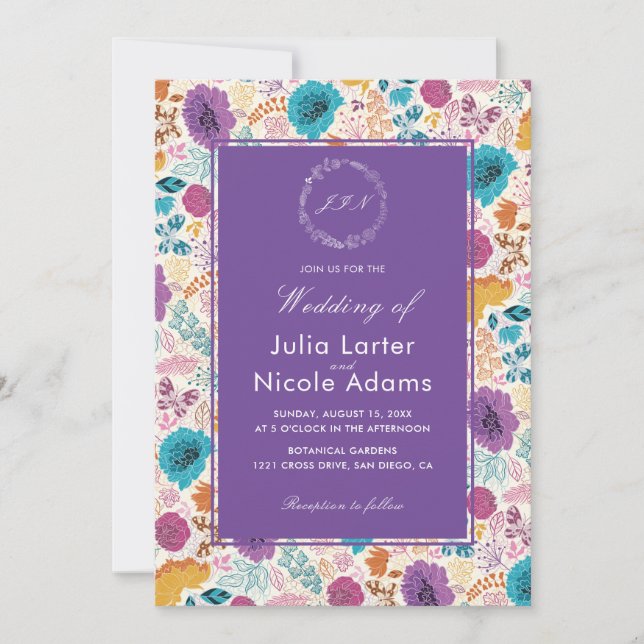 Teal Purple Yellow Spring Meadow Flowers Wedding Invitation (Front)