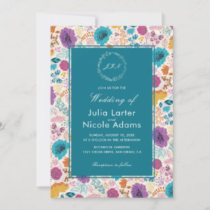 Teal Purple Yellow Spring Meadow Flowers Wedding Invitation