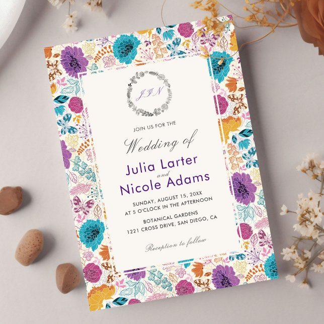 Teal Purple Yellow Spring Meadow Flowers Wedding Invitation (Creator Uploaded)