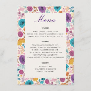 Teal Purple Yellow Spring Meadow Flowers Wedding Menu