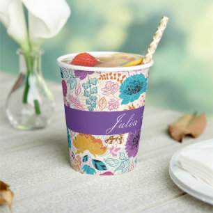 Teal Purple Yellow Spring Meadow Flowers Wedding Paper Cups