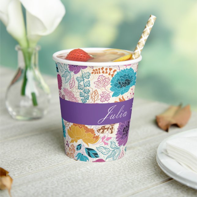 Teal Purple Yellow Spring Meadow Flowers Wedding Paper Cups (Insitu)