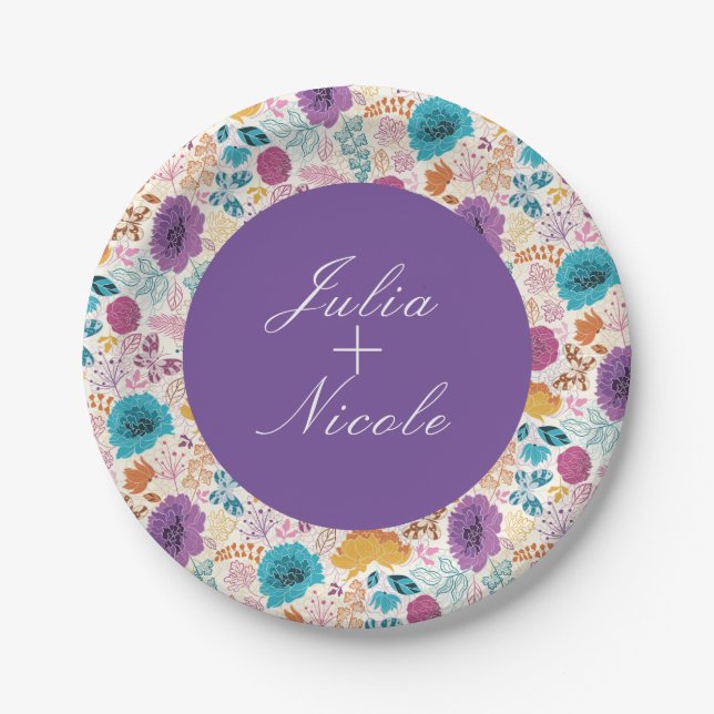 Teal Purple Yellow Spring Meadow Flowers Wedding Paper Plate (Front)