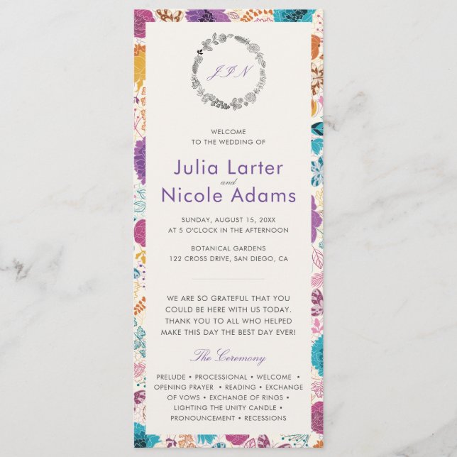 Teal Purple Yellow Spring Meadow Flowers Wedding Programme (Front)