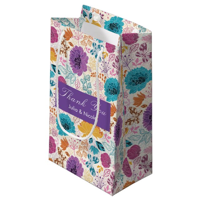 Teal Purple Yellow Spring Meadow Flowers Wedding Small Gift Bag (Front Angled)