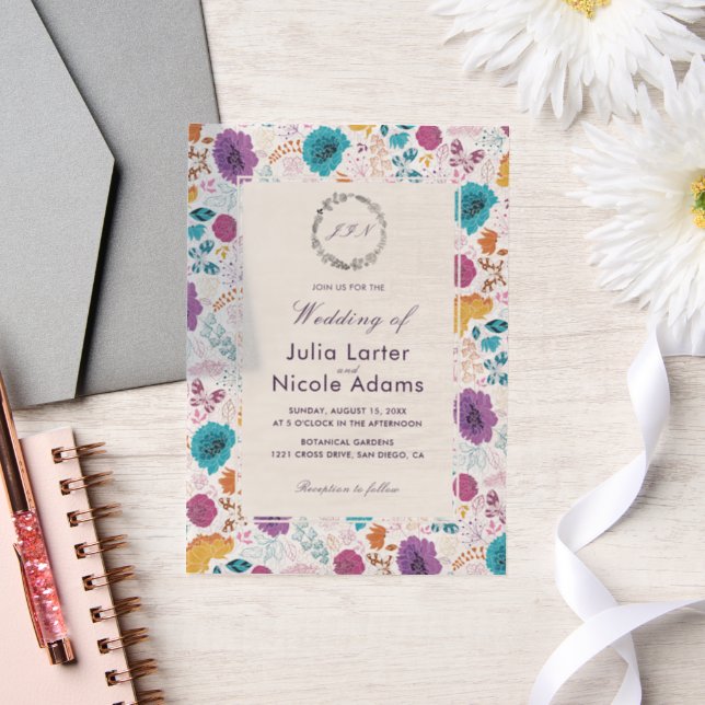 Teal Purple Yellow Spring Meadow Flowers Wedding Vellum Invitations (Wedding)