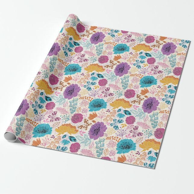 Teal Purple Yellow Spring Meadow Flowers Wedding Wrapping Paper (Unrolled)