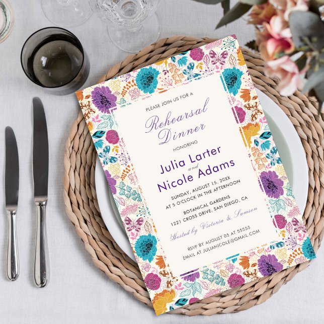 Teal Purple Yellow Spring Meadow Rehearsal Dinner Invitation (Creator Uploaded)